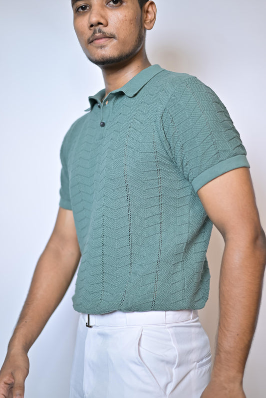 Textured Green old money  polo T-shirt